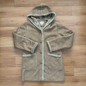 Women's St John Bay Coat Faux Suede Med Eskimo Toggle Spiral Fur Trim Hood Brown